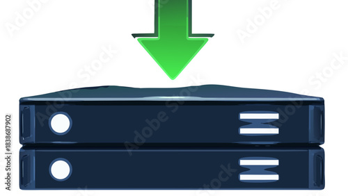 Green Arrow Pointing Downward Towards Stacked Blue Server Racks Against Black Background Representing Data Download or Storage