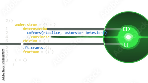 Green glowing digital code on dark screen with glowing circles and lines abstract technology background