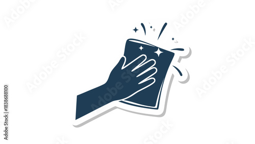 Hand wiping a surface with a cleaning cloth showing sparkles indicating cleanliness and shine against a black background with a white outline and drop shadow effect suitable for various cleaning