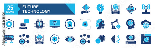 Future technology icon set Blue Monochrome Flat Design concept for future, technology, robot, artificial intelligence, innovation, robotic, android