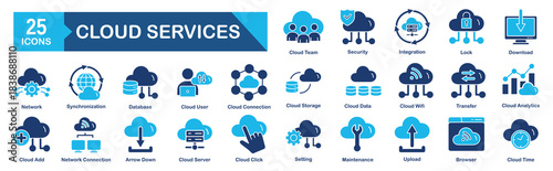 Cloud services icon set Blue Monochrome Flat Design concept for storage, hosting, sync, data transfer, network, online, digital, application, collection, protection, website