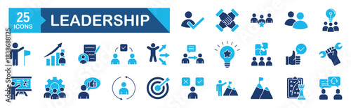 Leadership icon set Blue Monochrome Flat Design concept for guidance, coaching, influence, charisma, challenge, lead, collaboration, goal