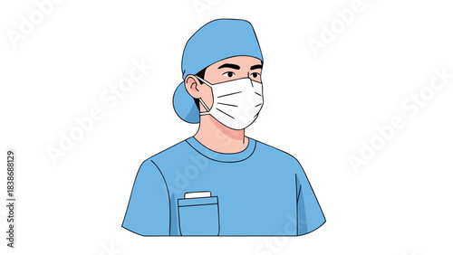 Healthcare Professional Wearing Blue Scrubs and Surgical Cap with Face Mask Protecting Against Contagion on Isolated Black Background