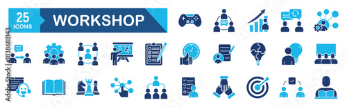 Workshop icon set Blue Monochrome Flat Design concept for team, building, collaboration, training, activity, group, challenge, teamwork