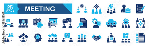 Meeting icon set Blue Monochrome Flat Design concept for seminar, presentation, conference, business, interview, assembly, discussion, agreements