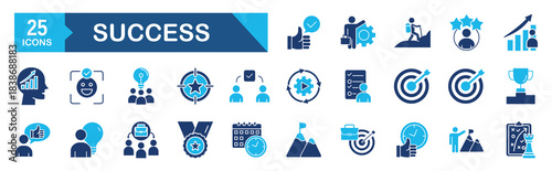Success icon set Blue Monochrome Flat Design concept for goal, business, successful, set, development, target, strategy, winner, challenge