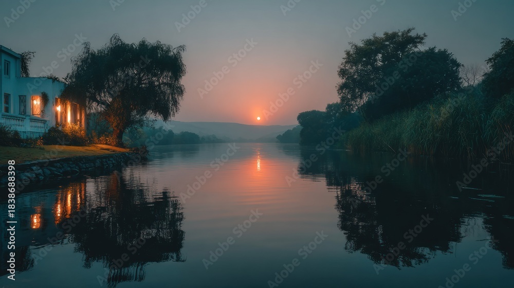 Fototapeta premium Sunrise over calm river, house reflection