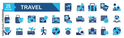 Travel icon set Blue Monochrome Flat Design concept for holiday, hotel, vacation, tour tourism, beach, plane, suitcase