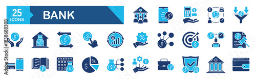 Bank icon set Blue Monochrome Flat Design concept for bank, billfold, savings, loan, atm, mortgage, investment, banker, currency, deposit
