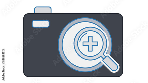 Stylized icon of a dark gray camera with a magnifying glass showing a plus sign