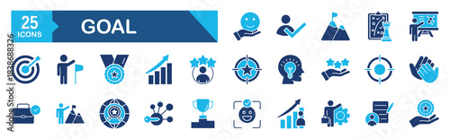 Goal icon set Blue Monochrome Flat Design concept for success, achievement, mission, medal, reward, aim, target, celebration, trophy