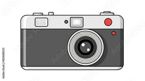 Stylized illustration of a gray and black vintagestyle camera on a white background