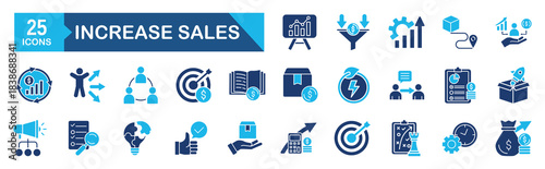 Increase sale icon set Blue Monochrome Flat Design concept for sale, growth, business, profit, money, strategy, revenue, marketing