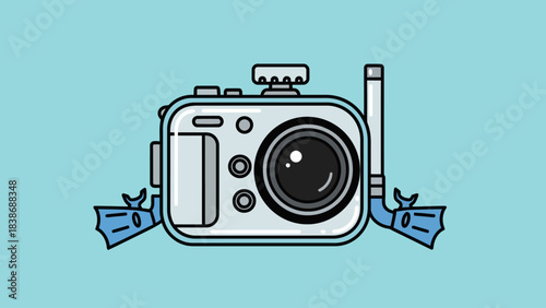 Stylized illustration of a waterproof camera housing with snorkel and fins