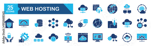 Web hosting icon set Blue Monochrome Flat Design concept for server, domain, firewall, cyberspace, database, hosting, collection, backup
