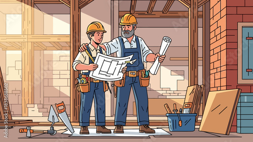 Two construction workers reviewing blueprints inside a wooden framed building