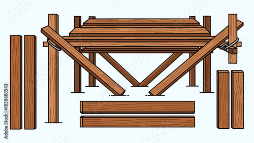 Wooden pier or scaffolding structure assembly diagram with loose pieces