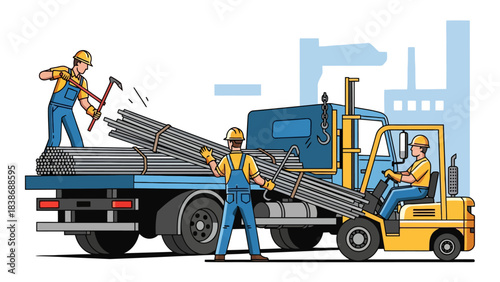 Workers loading metal rods onto a flatbed truck using a forklift