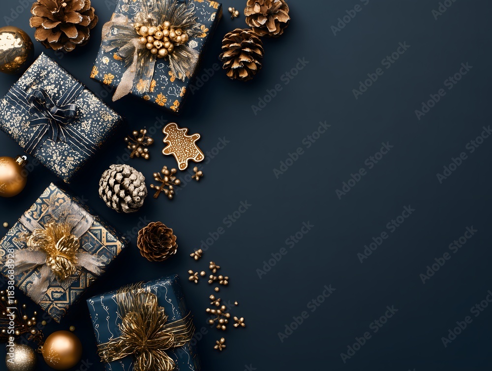 Fototapeta premium Elegant Christmas Gifts and Golden Decorations on Dark Background
