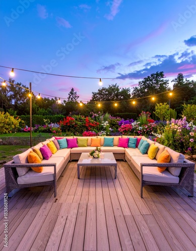 Outdoor Patio with Colorful Cushions and String Lights at Dusk.