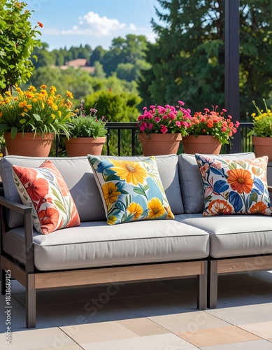 Outdoor patio with comfortable sofa and colorful floral pillows.