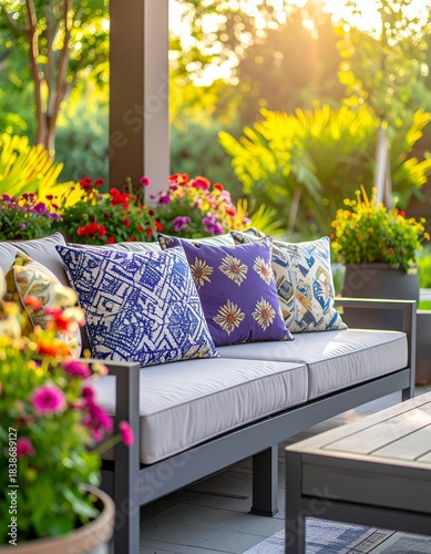 Outdoor patio with comfortable sofa, colorful pillows, and vibrant flowers in a lush garden setting at sunset.