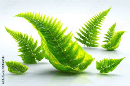 Lush green fern leaves in various sizes arranged on a reflective white surface