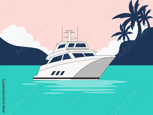 Motor yacht or Superyacht anchored near a tropical island with palm trees. Yacht vector illustration. Flat illustration concept.
