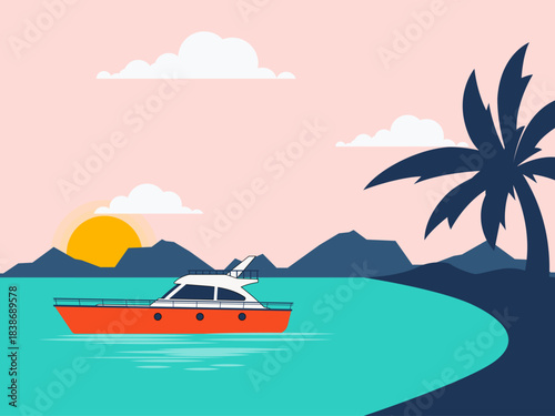 Tropical beach sunset scene featuring a boat. Yacht vector illustration. Flat illustration concept.