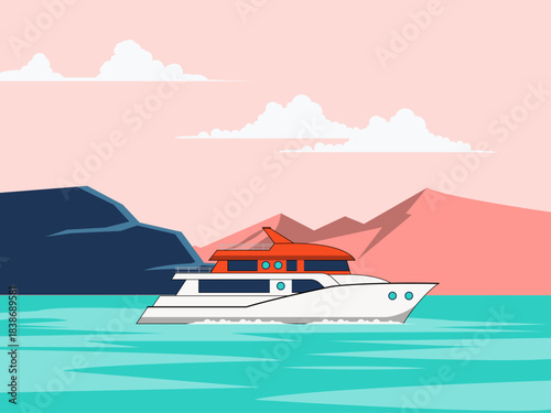 Motorboat or yacht on the water near a mountainous coast. Yacht vector illustration. Flat illustration concept.