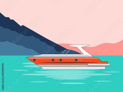 Motorboat or yacht on the water. Yacht vector illustration. Flat illustration concept.