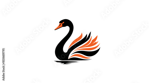 Elegant black swan illustration with orange accents on white background