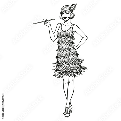 Black and white line art of a smiling flapper girl from the Roaring Twenties, wearing a fringed dress, headband with a feather, and holding a long cigarette holder. Retro vintage fashion.