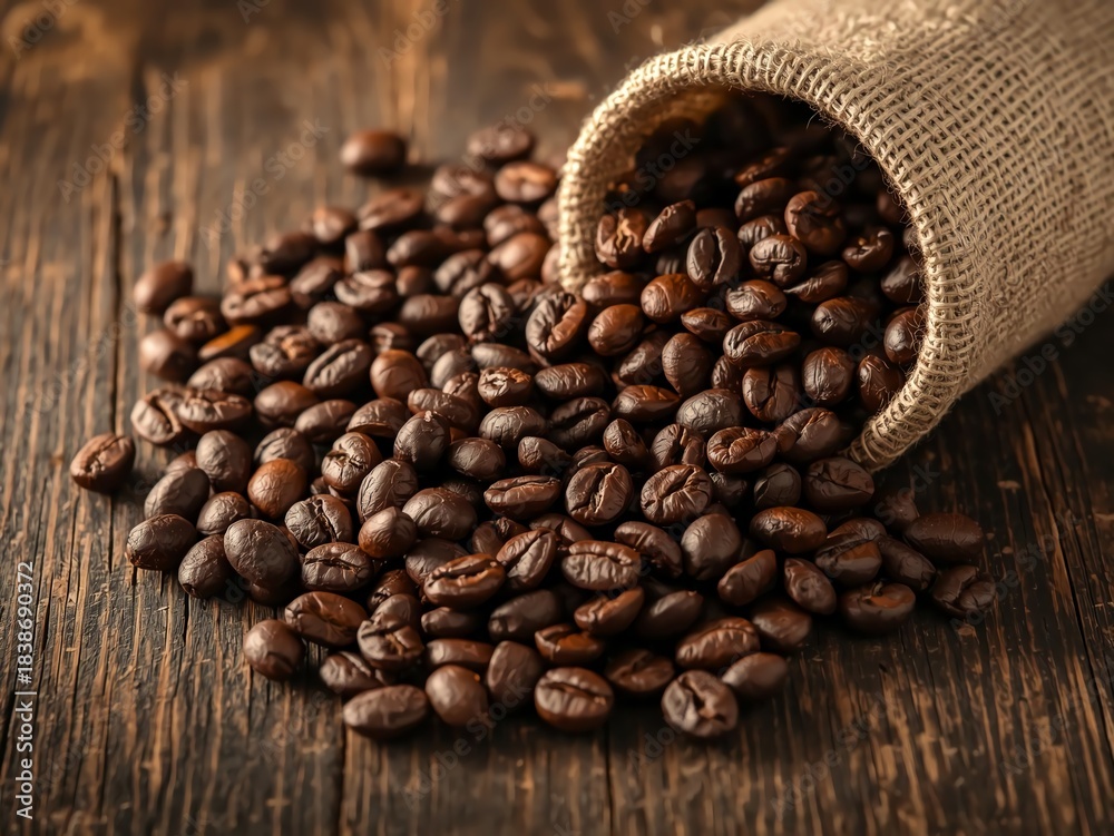 Fototapeta premium Rich Dark Roasted Coffee Beans Spilling from a Burlap Sack on Wood
