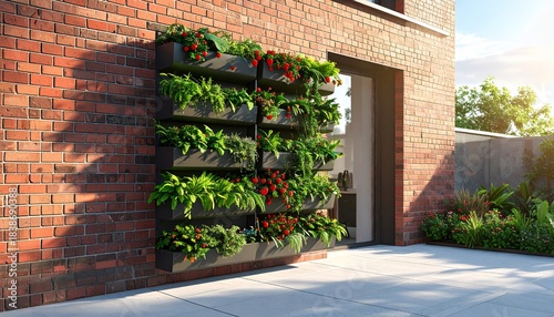 Vertical garden on brick wall, modern urban green space, sustainable living.