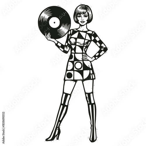 Fashionable retro woman in a geometric mini-dress and go-go boots, holding a vinyl record. Pop art 1960s style engraving vector illustration depicting music and fashion.