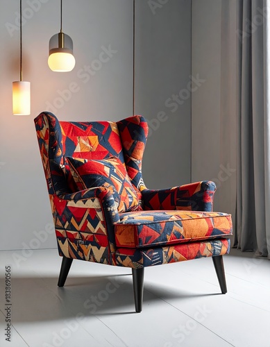 Vibrant Wingback Armchair with Geometric Pattern in a Modern Interior Setting.