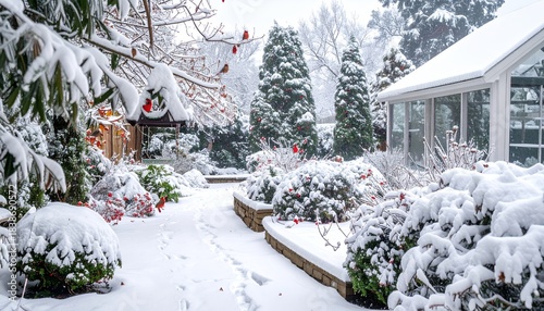 Winter Wonderland - Snow-Covered Garden Path Leading to a Cozy Greenhouse Amidst Evergreen Trees.