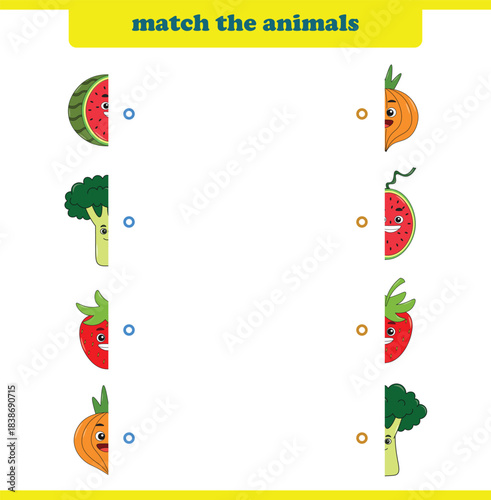 Match halves of cute cartoon fruits. Logical game for kids
