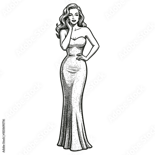 Elegant vintage pin-up style woman in a fitted, floor-length strapless evening gown, posing with one hand on her face. Glamour, fashion, and beauty engraving vector illustration.