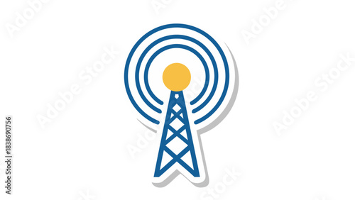 Iconic Blue Signal Tower with Yellow Top and Concentric Circles on Black Background Abstract Technology Concept