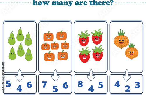 Counting game of fruits for preschool kids. Printable. Vector Illustration
