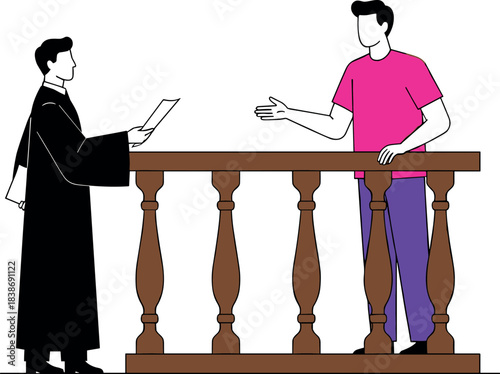 Professional Legal Consultation or Court Hearing Dialogue Vector Illustration Showing a Man in a Robe Interacting with a Client or Witness.