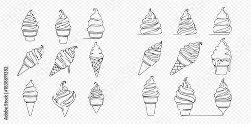Set of various hand-drawn soft serve ice cream cones and cups in black and white sketch style.