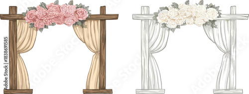 2 sets of wooden wedding gates with flower bouquets on top, with colorful and plain patterns. Vector graphic design isolated on white background