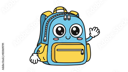 Cartoon blue and yellow backpack character waving against a white background