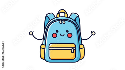 A cute anthropomorphic light blue backpack with yellow accents and stick arms