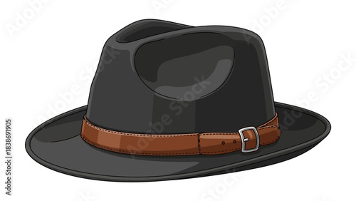 A dark gray fedorastyle hat with a brown leather band and silver buckle