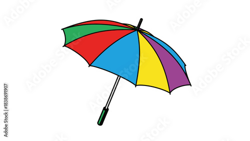 A colorful open umbrella with alternating colored panels and a black handle