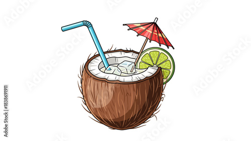 A cracked open coconut drink served with ice a straw a lime slice and a small red umbrella